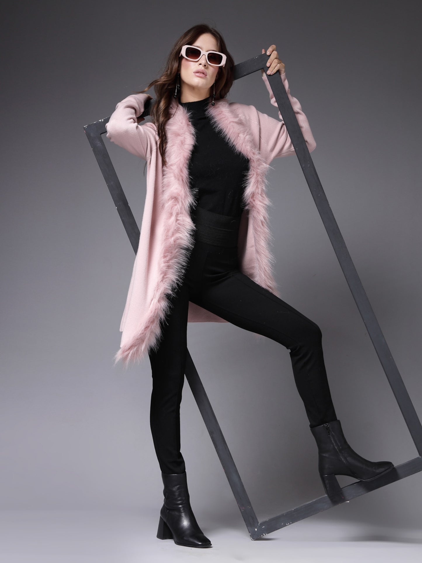 Mafadeny Women Winter Wear Peach Longline Furry Shrug