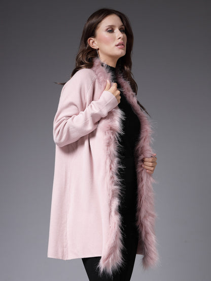 Mafadeny Women Winter Wear Peach Longline Furry Shrug