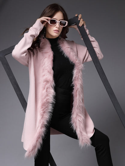 Mafadeny Women Winter Wear Peach Longline Furry Shrug