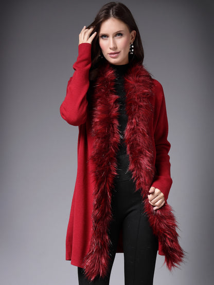 Mafadeny Women Winter Wear Red Longline Furry Shrug