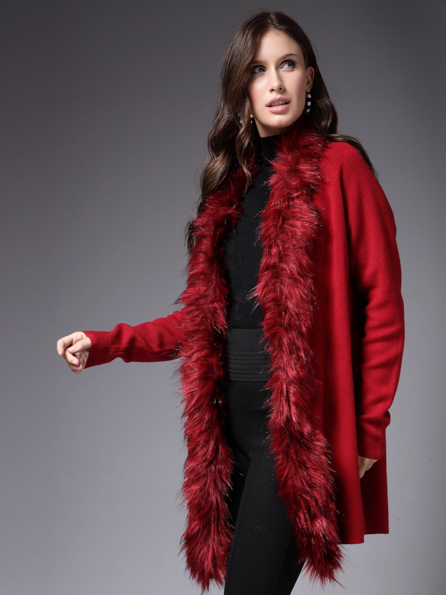 Mafadeny Women Winter Wear Red Longline Furry Shrug