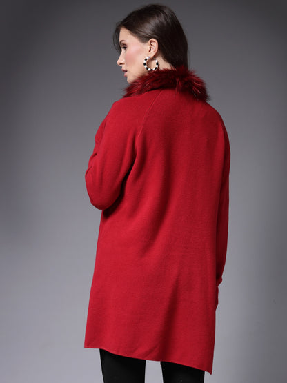 Mafadeny Women Winter Wear Red Longline Furry Shrug