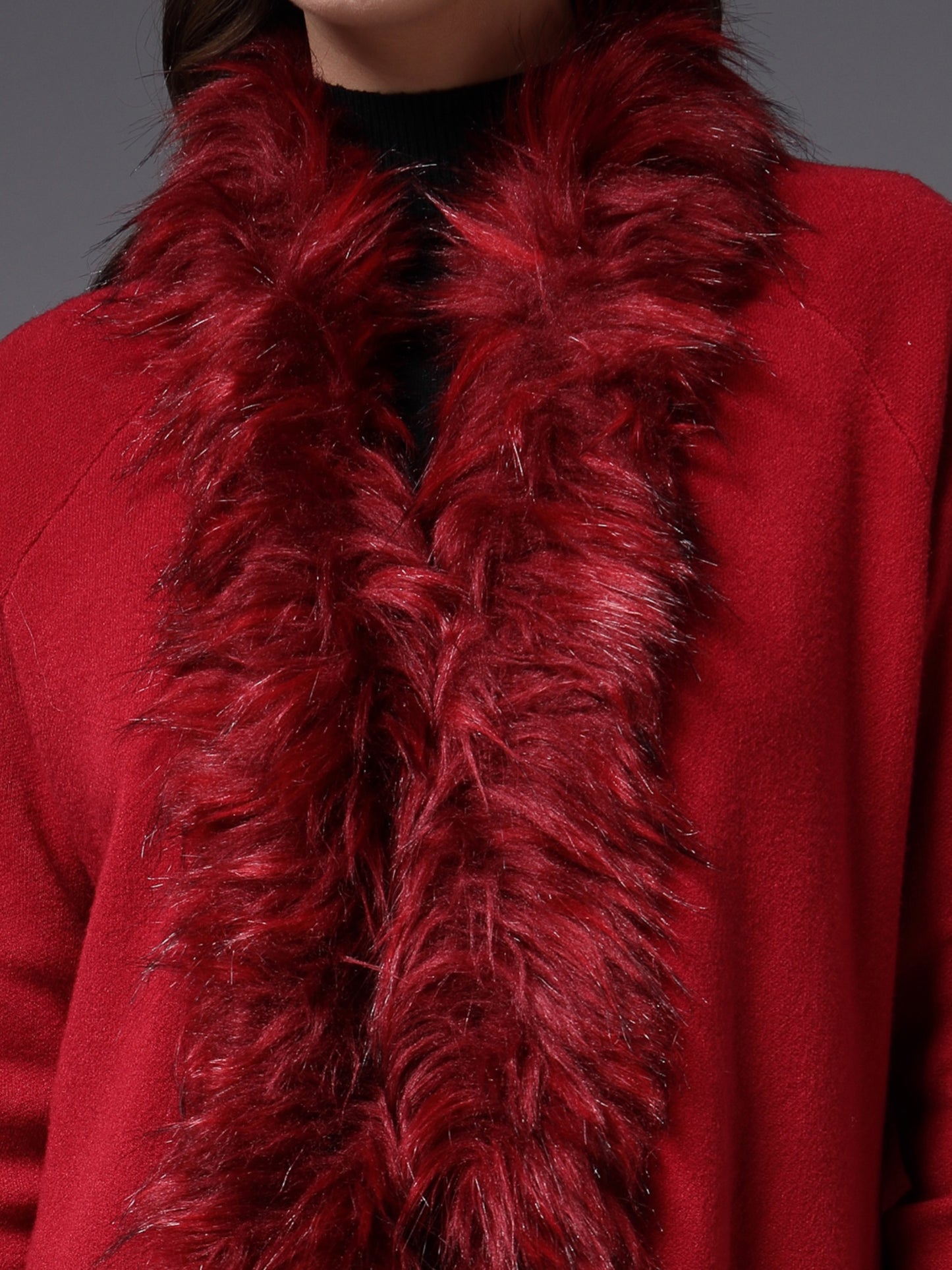 Mafadeny Women Winter Wear Red Longline Furry Shrug