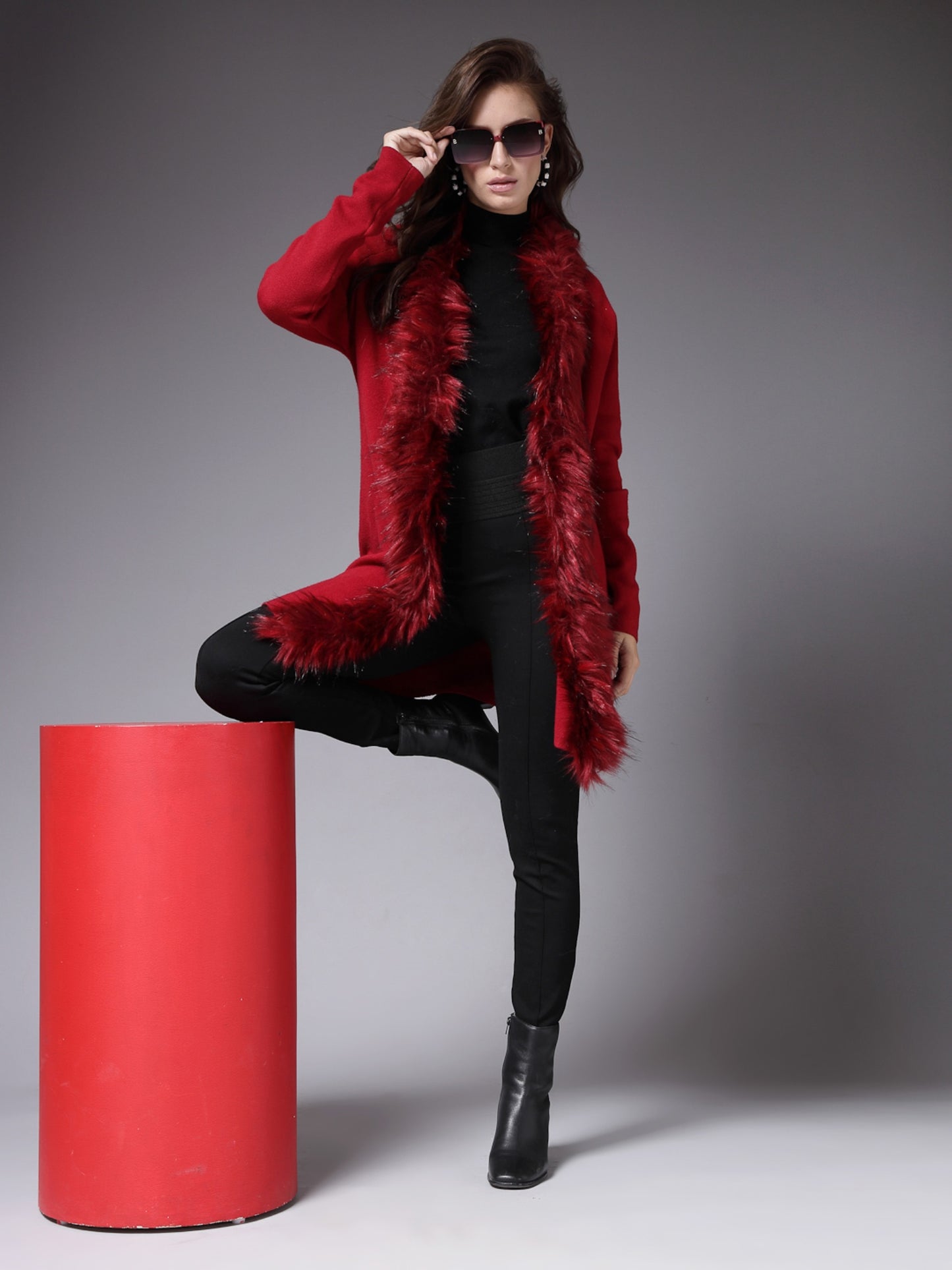 Mafadeny Women Winter Wear Red Longline Furry Shrug