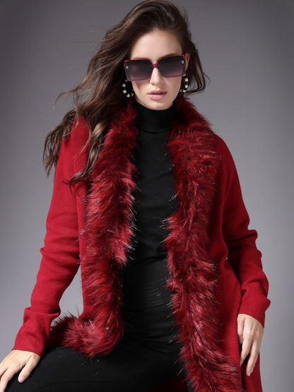 Mafadeny Women Winter Wear Red Longline Furry Shrug