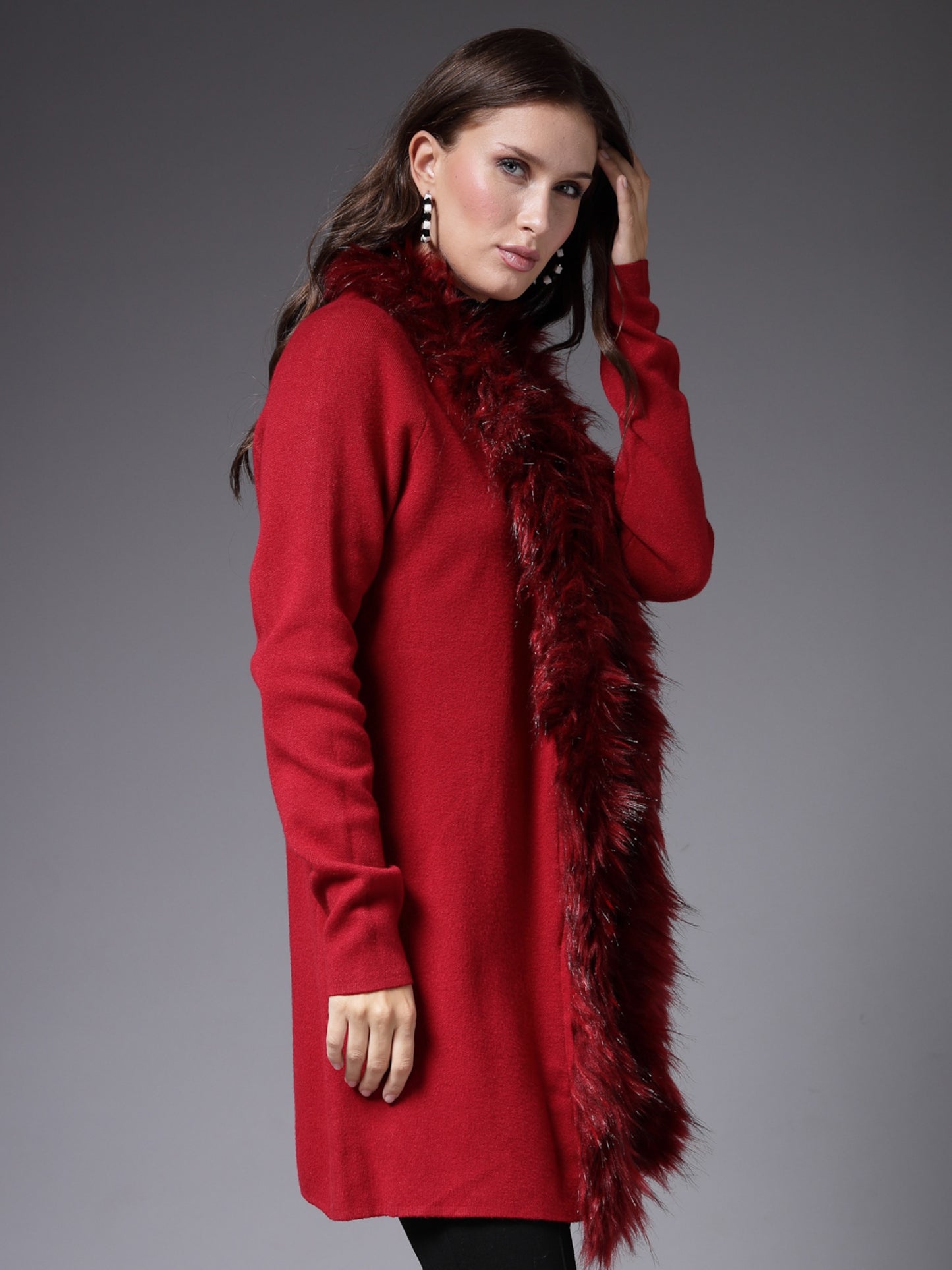 Mafadeny Women Winter Wear Red Longline Furry Shrug