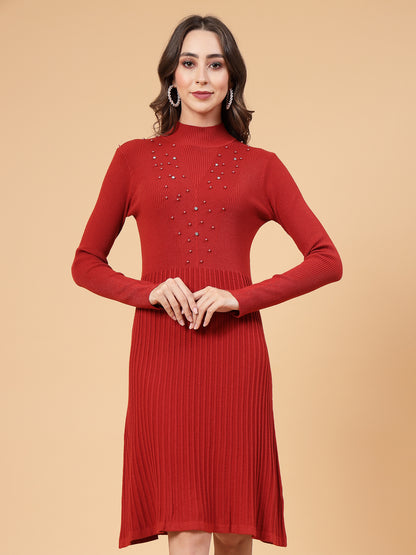 Mafadeny Women Winter Wear A-Line Rust Embellished Dress