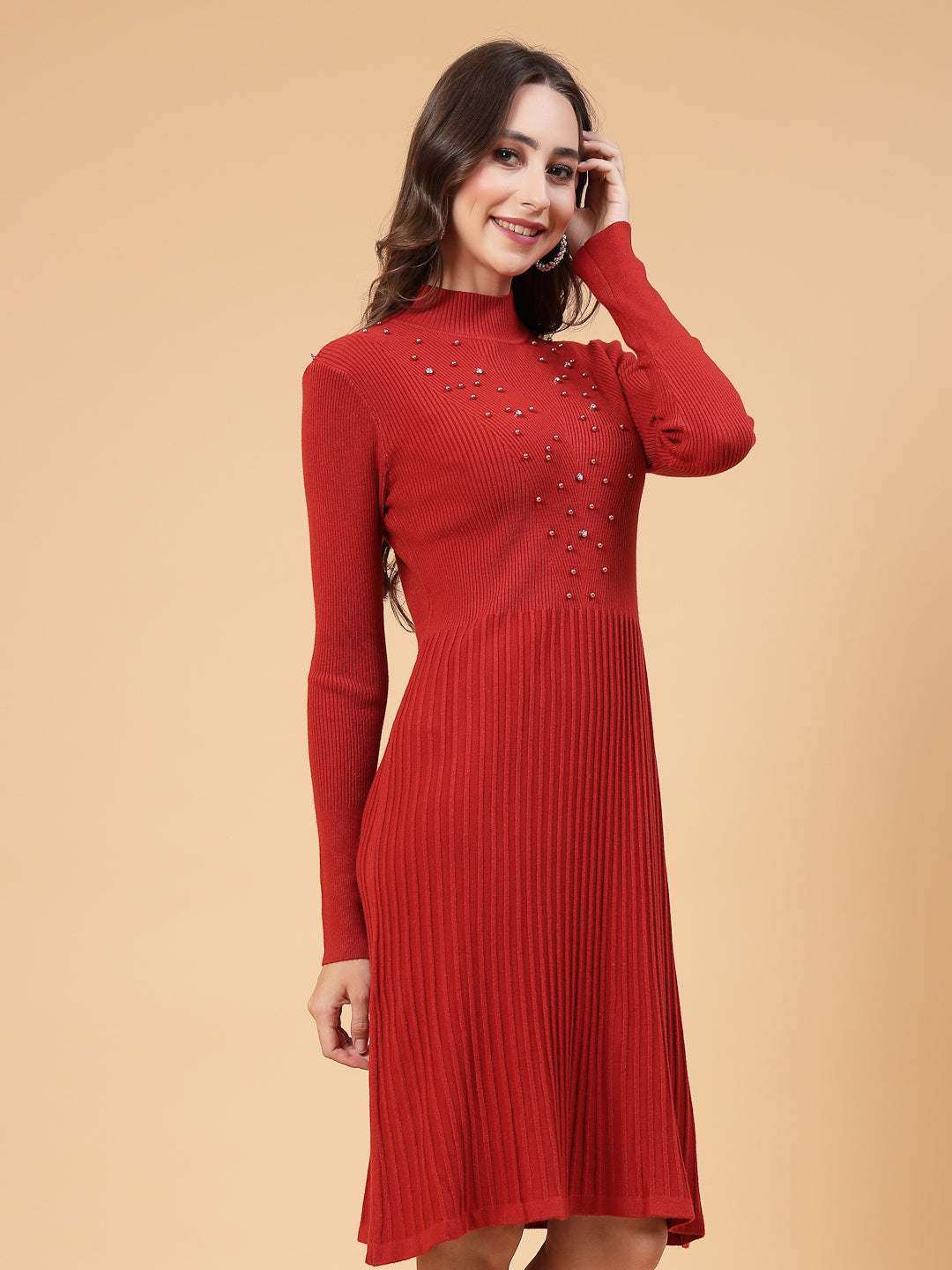 Mafadeny Women Winter Wear A-Line Rust Embellished Dress