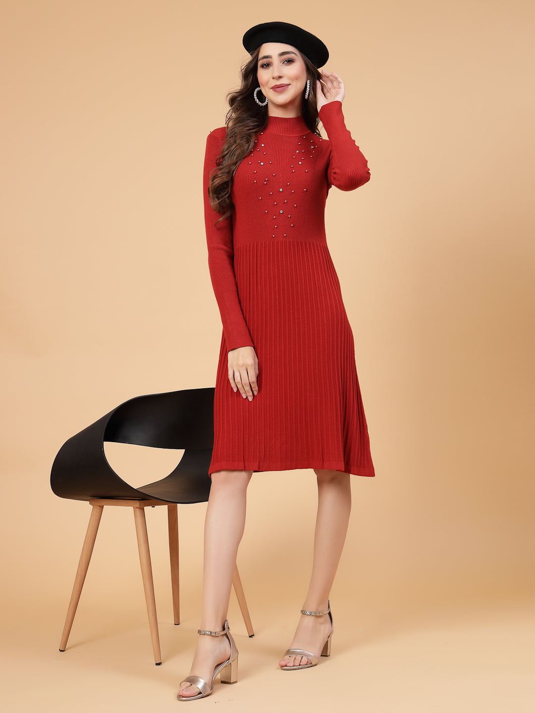 Mafadeny Women Winter Wear A-Line Rust Embellished Dress