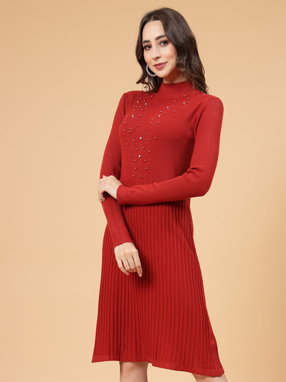 Mafadeny Women Winter Wear A-Line Rust Embellished Dress