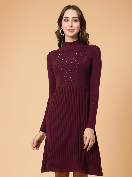 Mafadeny Women Winter Wear A-Line Maroon Embellished Dress