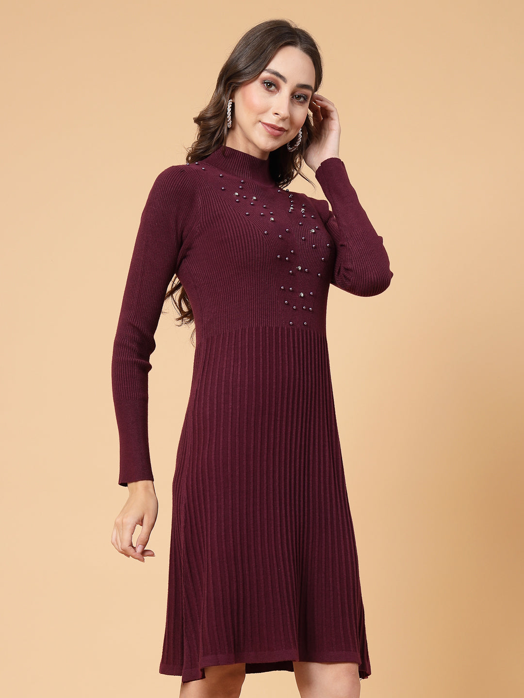 Mafadeny Women Winter Wear A-Line Maroon Embellished Dress