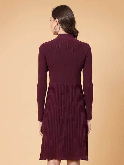 Mafadeny Women Winter Wear A-Line Maroon Embellished Dress