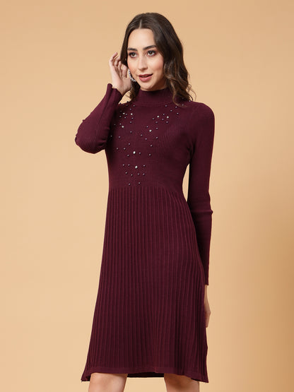 Mafadeny Women Winter Wear A-Line Maroon Embellished Dress