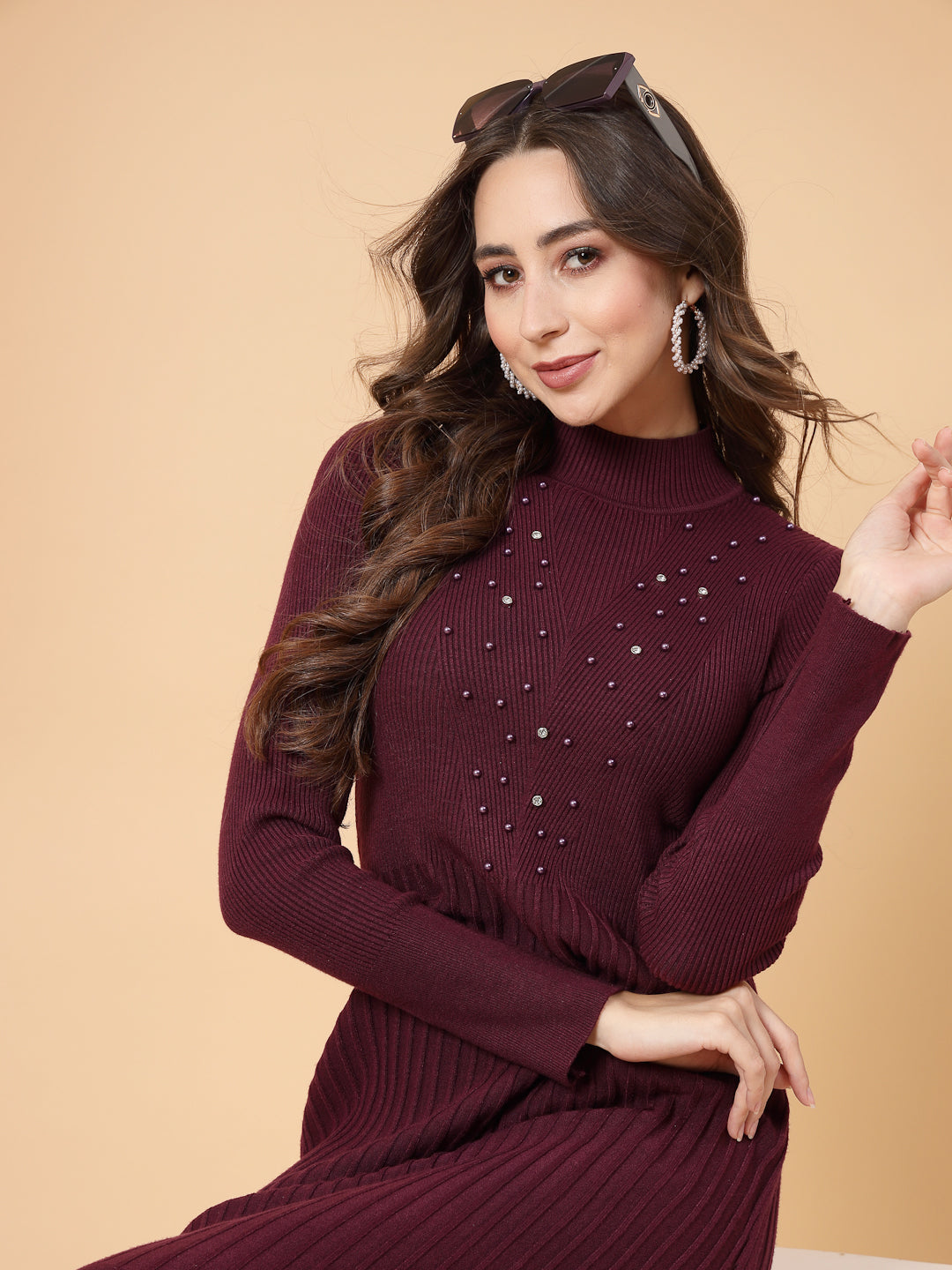 Mafadeny Women Winter Wear A-Line Maroon Embellished Dress