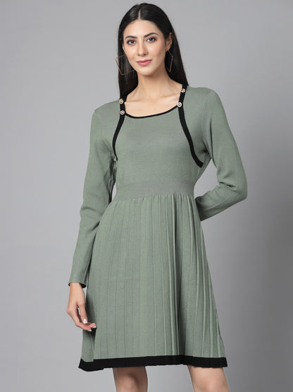 Mafadeny Women Winter Wear Flared Green Stylished & Cosy Dress