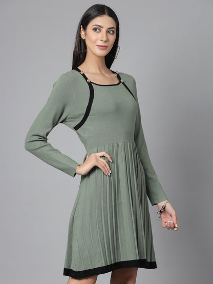 Mafadeny Women Winter Wear Flared Green Stylished & Cosy Dress