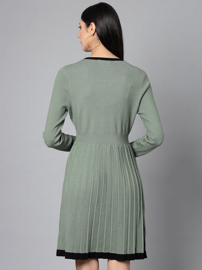 Mafadeny Women Winter Wear Flared Green Stylished & Cosy Dress