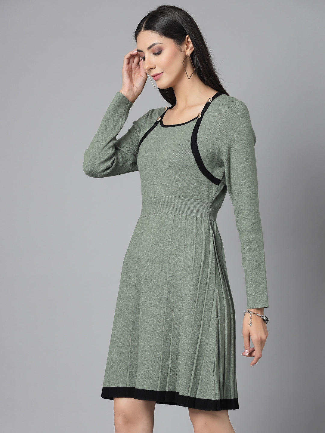 Mafadeny Women Winter Wear Flared Green Stylished & Cosy Dress