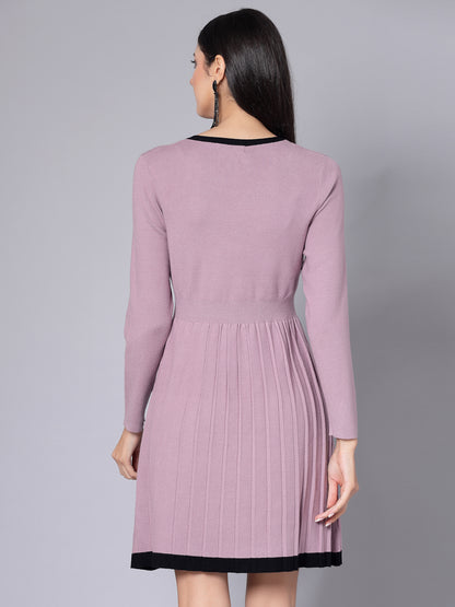 Mafadeny Women Winter Wear Flared Mauve Stylished & Cosy Dress