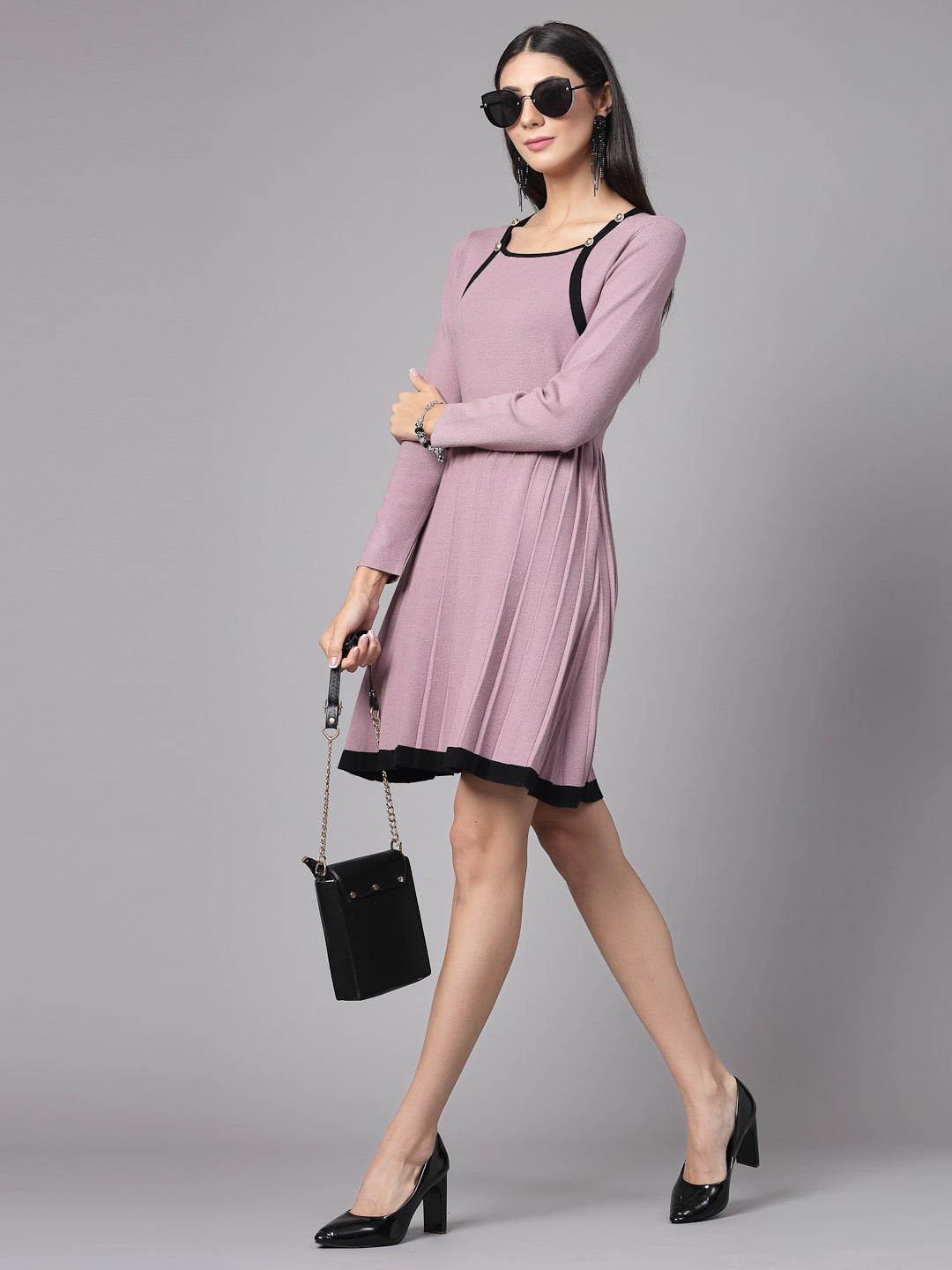 Mafadeny Women Winter Wear Flared Mauve Stylished & Cosy Dress