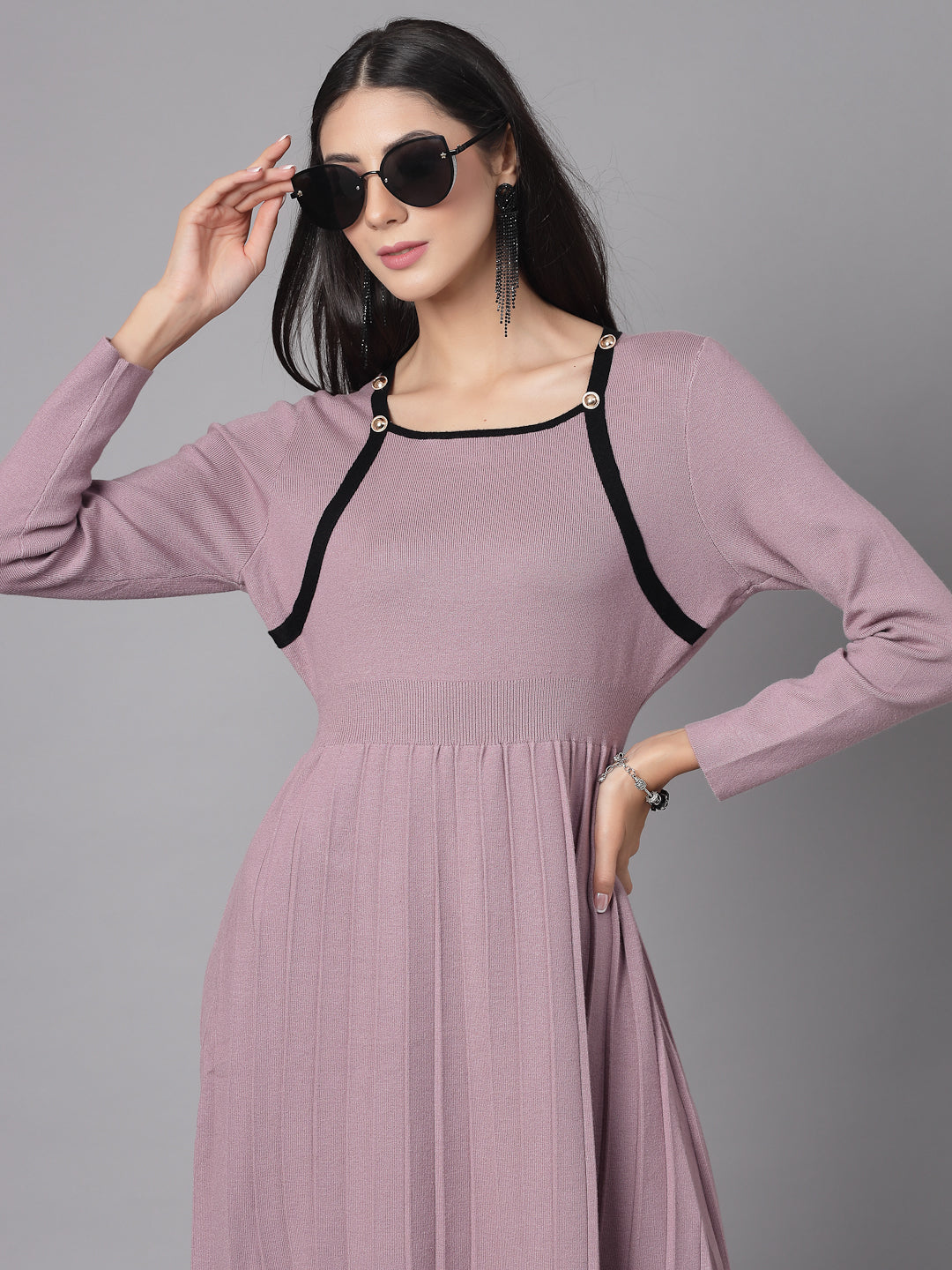 Mafadeny Women Winter Wear Flared Mauve Stylished & Cosy Dress