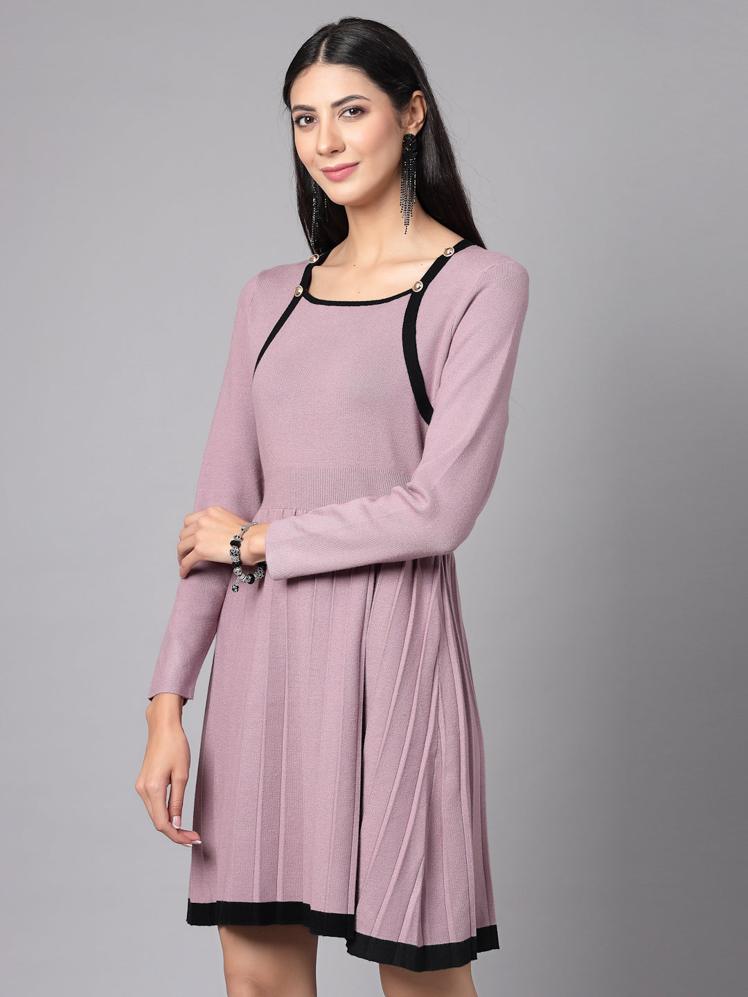 Mafadeny Women Winter Wear Flared Mauve Stylished & Cosy Dress