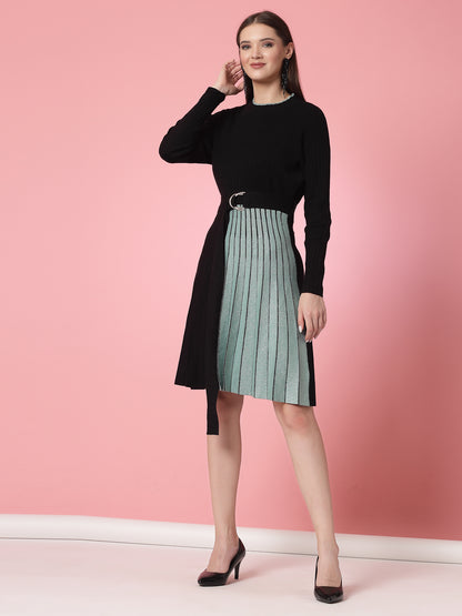 Mafadeny Women Winter Wear Black & Green Stylished & Cosy Dress