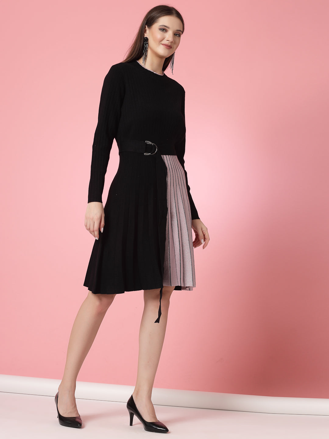 Mafadeny Women Winter Wear Black & Peach Stylished & Cosy Dress