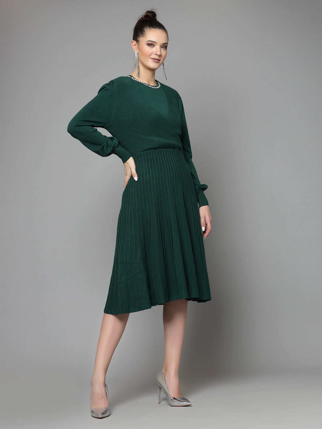 Mafadeny Women Winter Wear Green Stylish Dress