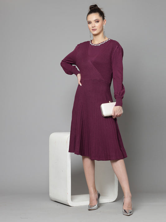 Mafadeny Women Winter Wear Wine Stylish Dress