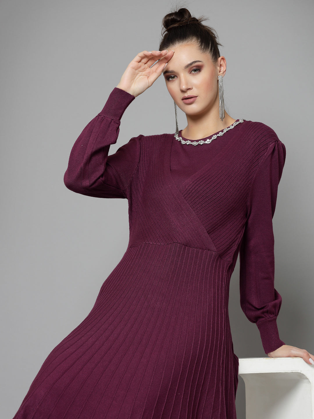 Mafadeny Women Winter Wear Wine Stylish Dress