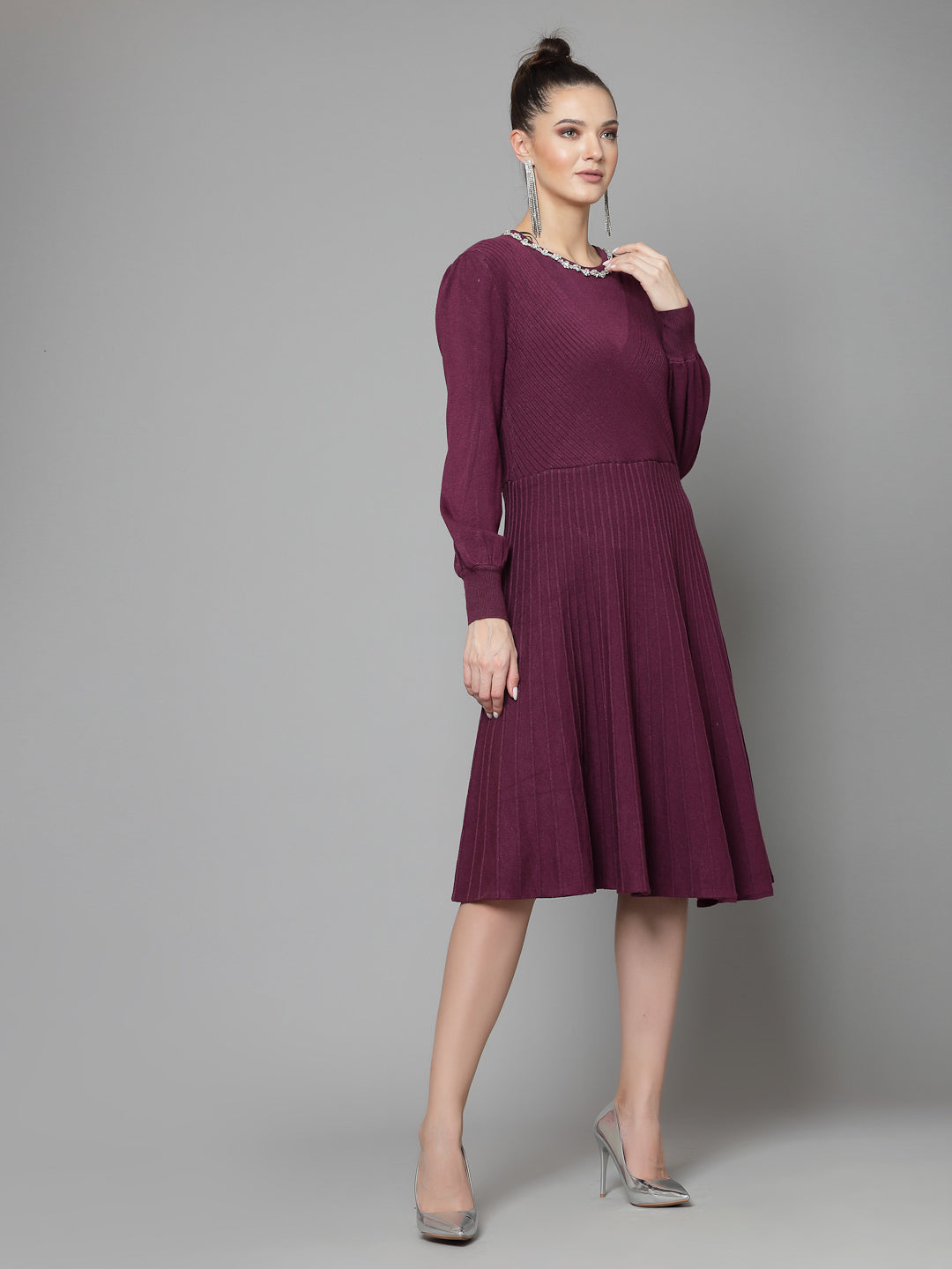 Mafadeny Women Winter Wear Wine Stylish Dress