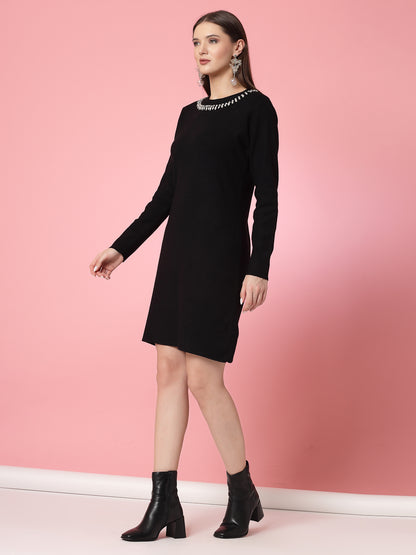 Mafadeny Women Winter Wear Black Embellished Stylished & Cosy Dress