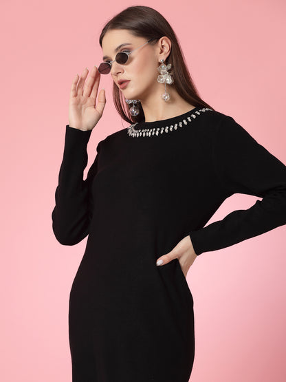 Mafadeny Women Winter Wear Black Embellished Stylished & Cosy Dress