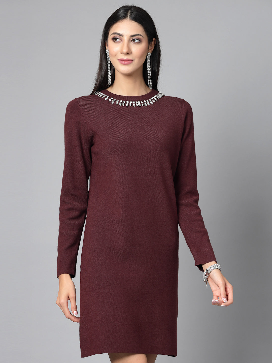 Mafadeny Women Winter Wear Maroon Embellished Stylished & Cosy Dress