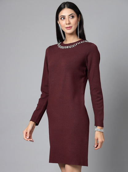 Mafadeny Women Winter Wear Maroon Embellished Stylished & Cosy Dress