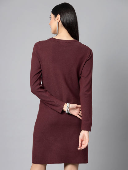 Mafadeny Women Winter Wear Maroon Embellished Stylished & Cosy Dress