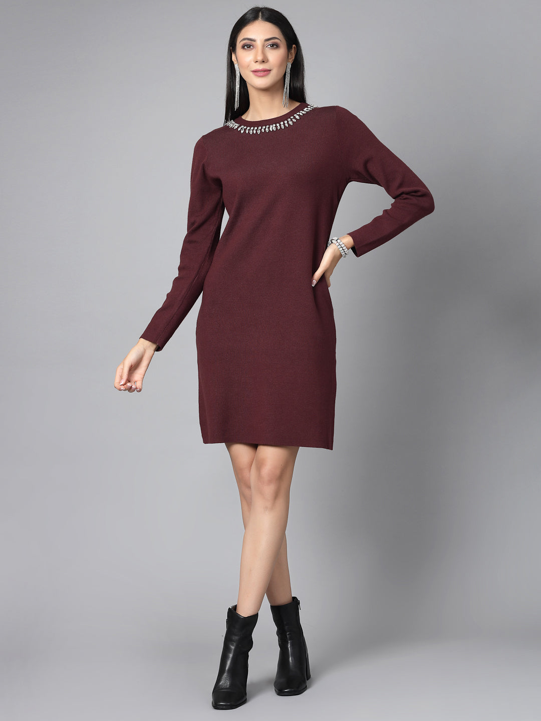 Mafadeny Women Winter Wear Maroon Embellished Stylished & Cosy Dress