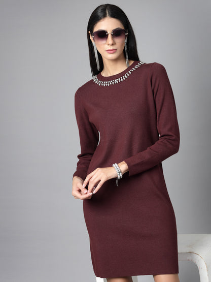 Mafadeny Women Winter Wear Maroon Embellished Stylished & Cosy Dress