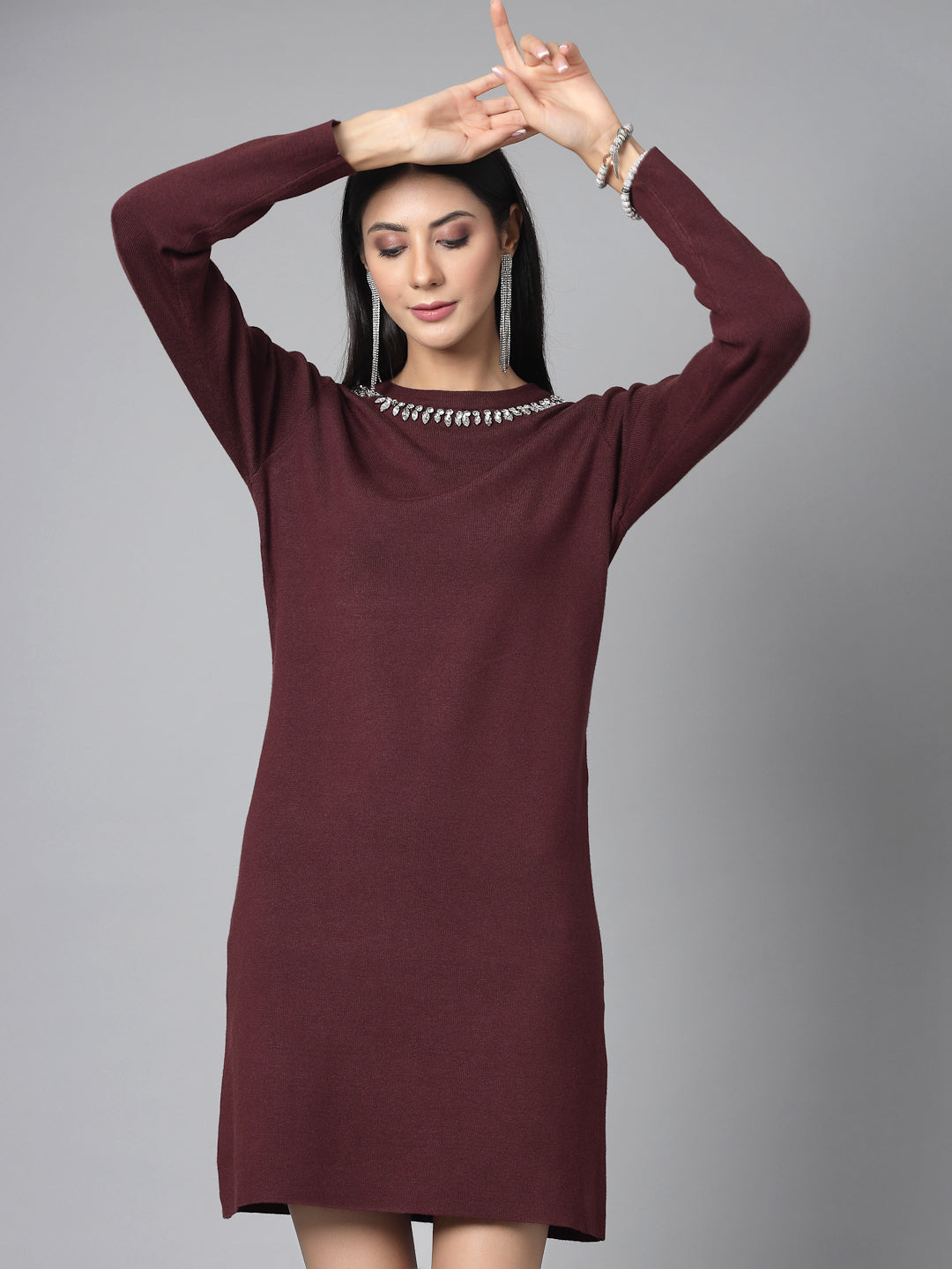 Mafadeny Women Winter Wear Maroon Embellished Stylished & Cosy Dress