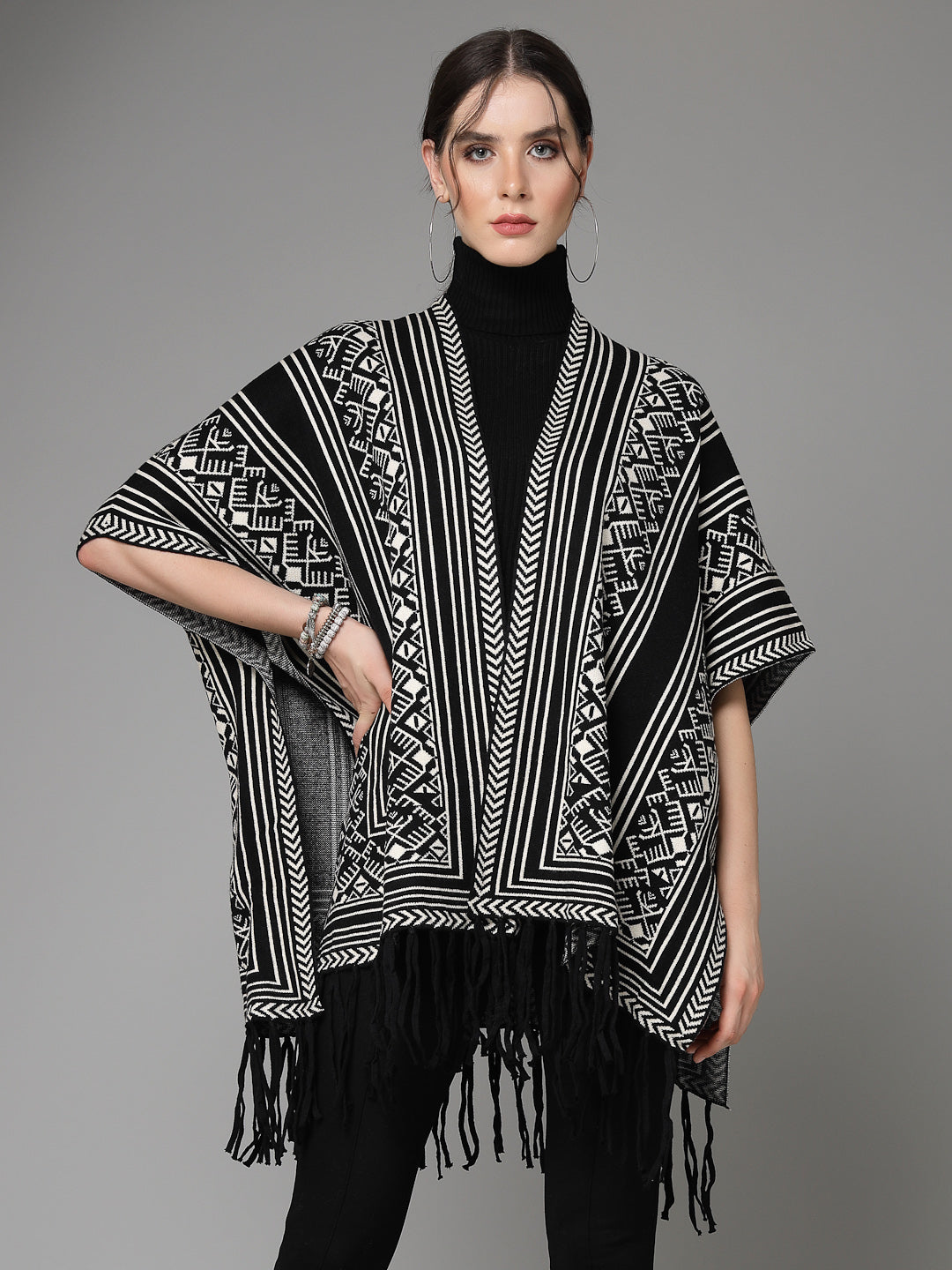 Mafadeny Women Winter Wear Black & White Printed Stylish & Cosy Ponchoo