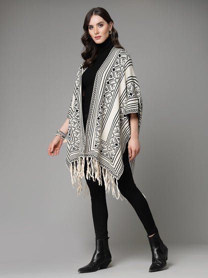 Mafadeny Women Winter Wear Black & Off White Printed Stylish & Cosy Ponchoo