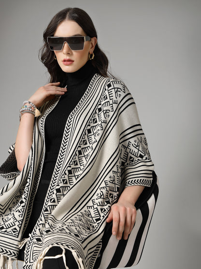 Mafadeny Women Winter Wear Black & Off White Printed Stylish & Cosy Ponchoo