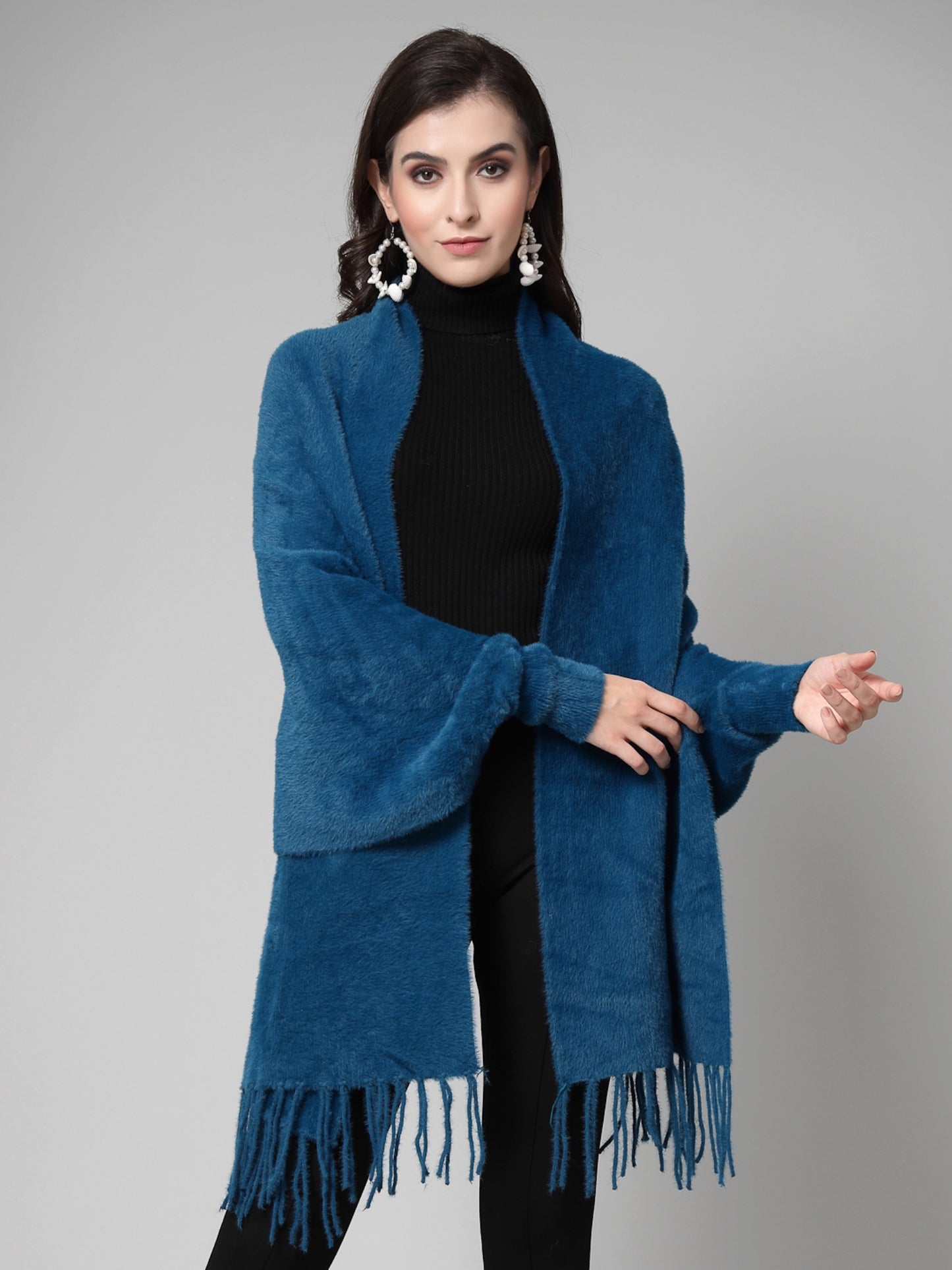 Mafadeny Women Winter Wear Teal Blue Stylish & Cosy Ponchoo