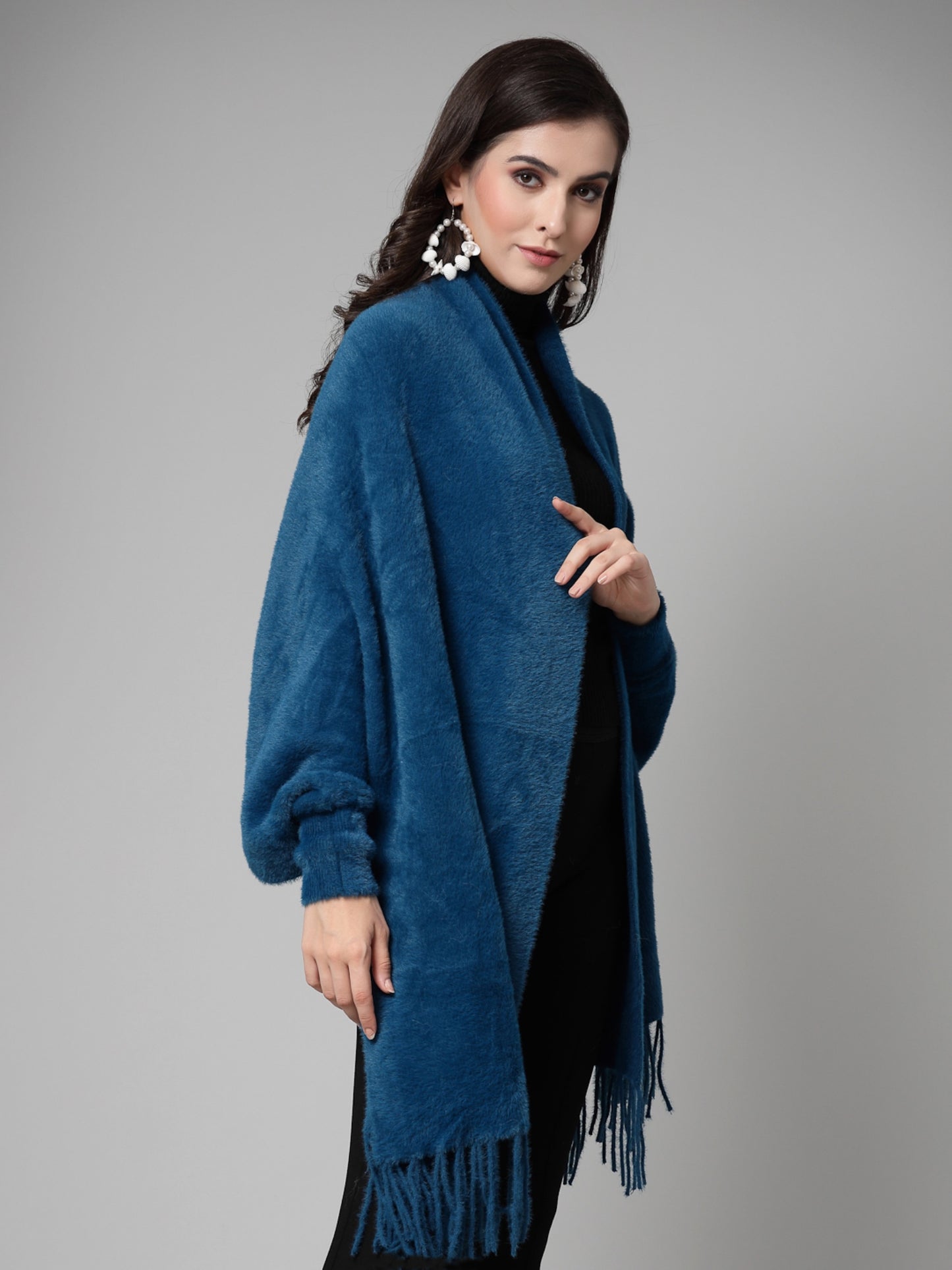 Mafadeny Women Winter Wear Teal Blue Stylish & Cosy Ponchoo