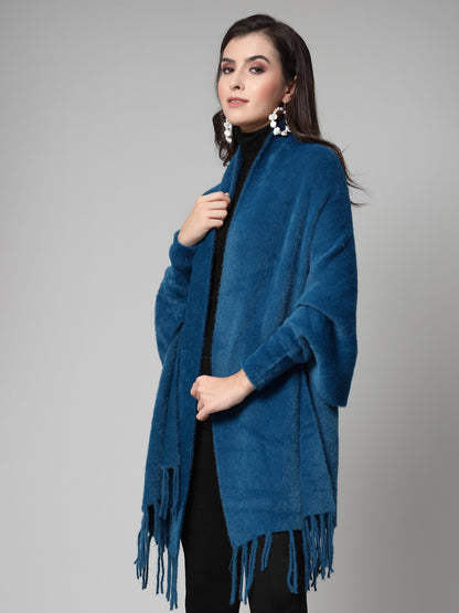 Mafadeny Women Winter Wear Teal Blue Stylish & Cosy Ponchoo