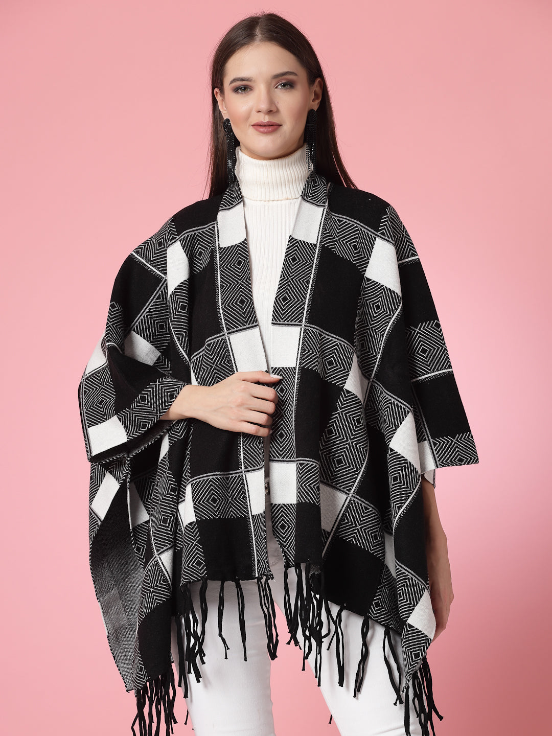 Mafadeny Women Winter Wear Black & White Stylish & Cosy Ponchoo