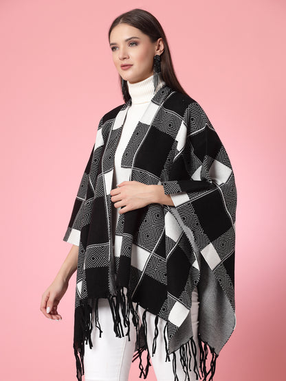 Mafadeny Women Winter Wear Black & White Stylish & Cosy Ponchoo