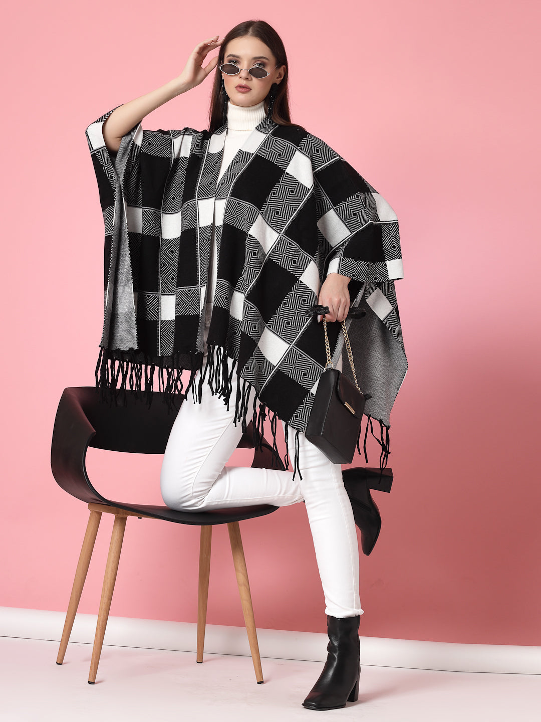 Mafadeny Women Winter Wear Black & White Stylish & Cosy Ponchoo